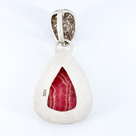 Large Pink Rhodochrosite Sterling Silver Pendant | Teardrop Statement Necklace - Picture 4 of 7